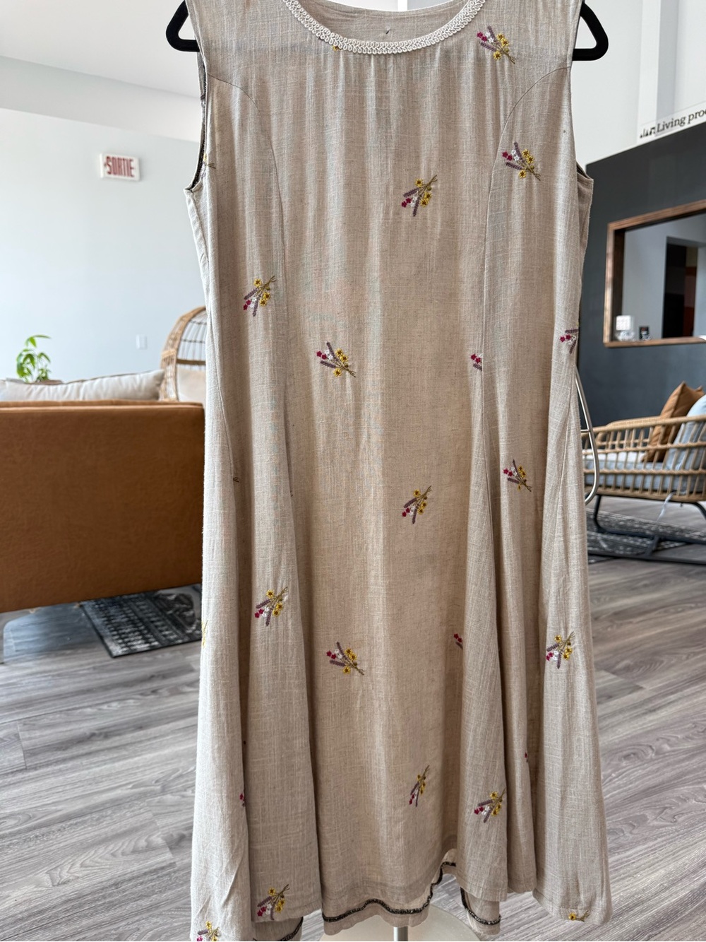 Beige linen embroidered summer dress below knee